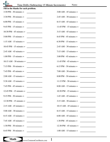 Math Drills Worksheets - Subtracting Minutes worksheet